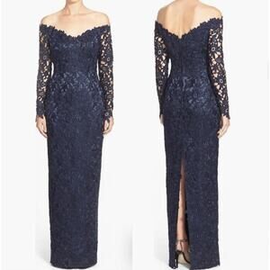 Helen Moreley Off the Shoulder Guipure Lace Column Gown 12 Black Evening Dress